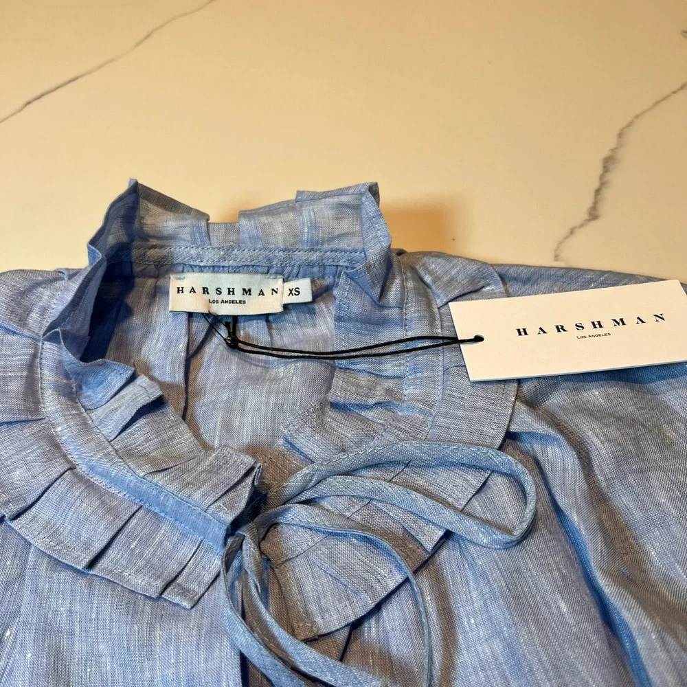 HARSHMAN X-S Linen Blue Striped Blouse with Ruffle Collar - Picture 3 of 8